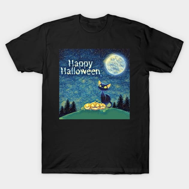 Happy Halloween Black Cat Design T-Shirt by Del Vecchio Designed 